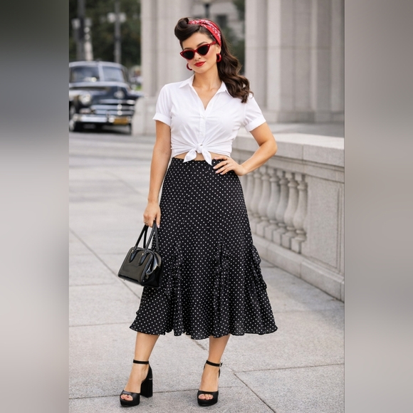 Lauren Ralph Lauren Silk Polka Dot Ruffled Midi Skirt Black White Size 14 / XL - Picture 2 of 6